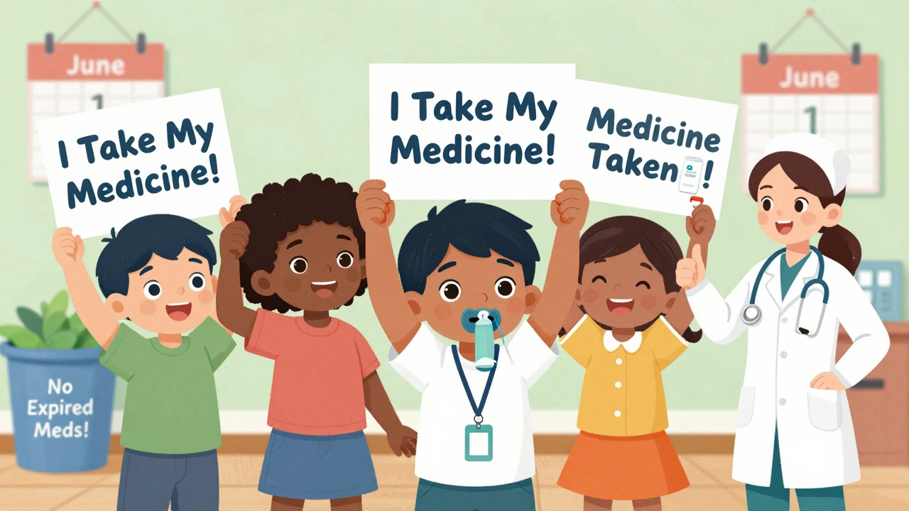 Children celebrate taking medicine with nurse, one wears inhaler on lanyard