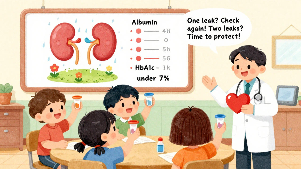 Children learn about urine tests in a classroom, with a chart showing albumin levels falling into a healthy kidney garden.