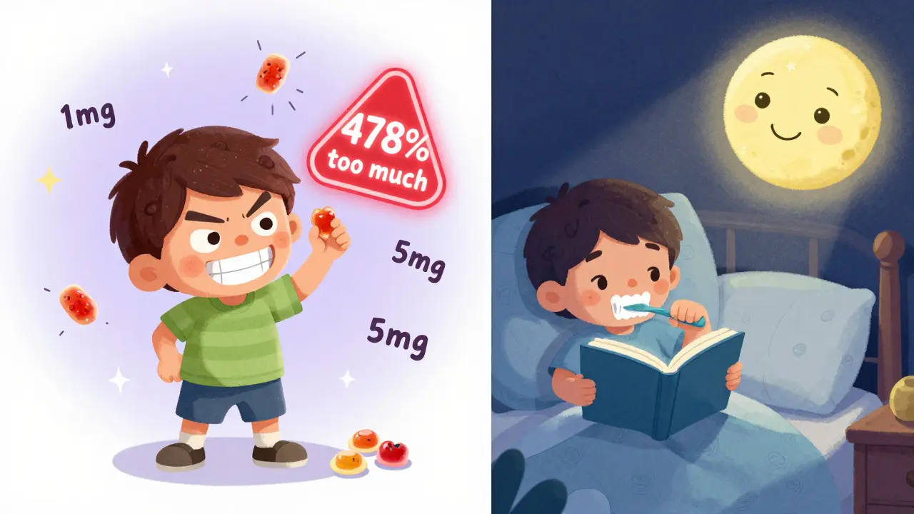 Contrasting scenes: child taking risky gummy melatonin vs. following calm bedtime routine.