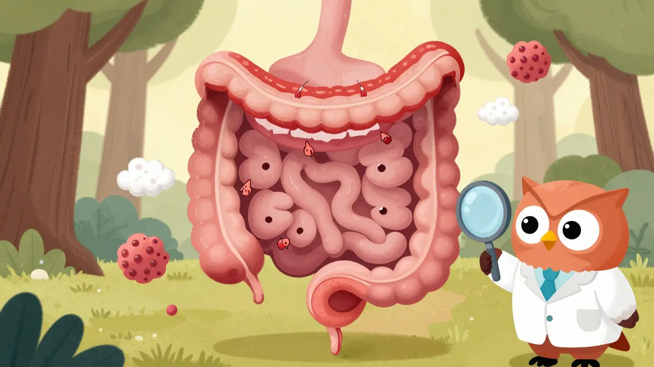 Cross-section of intestinal layers with shallow inflammation for UC and deep tunnel-like fistulas for Crohn’s, illustrated with friendly medical tools.