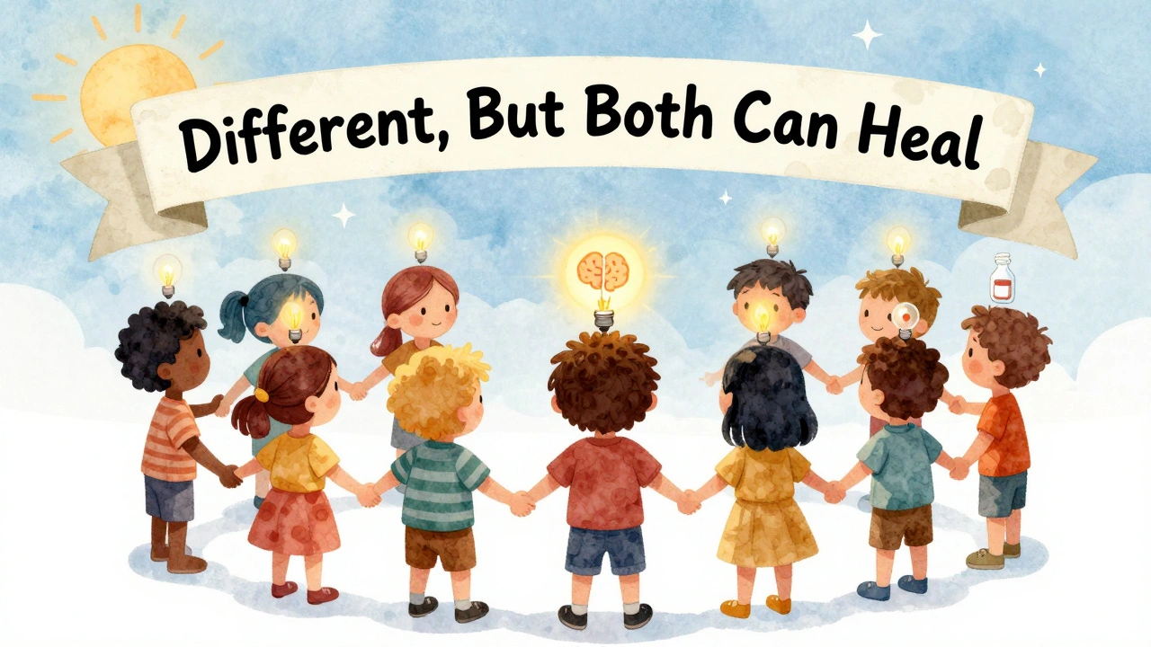 Diverse people holding hands with glowing symbols of dependence, addiction, and recovery under a rising sun.