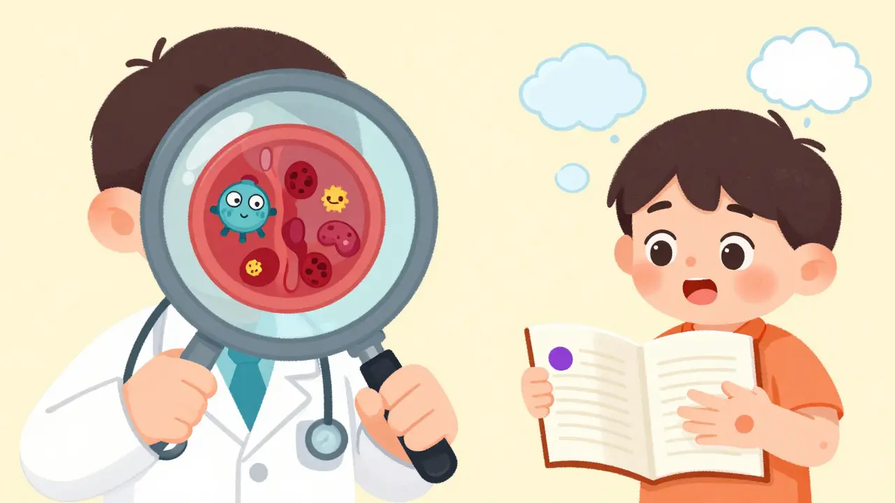Doctor examining a biopsy sample with cartoon immune cells, while a child shows symptoms in a journal.