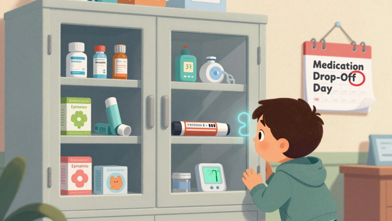 Locked cabinet with labeled medications in school nurse&#039;s office