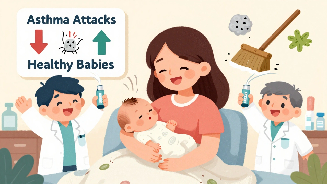 Mother and newborn breathing easily together, with healthcare providers celebrating safe asthma care.