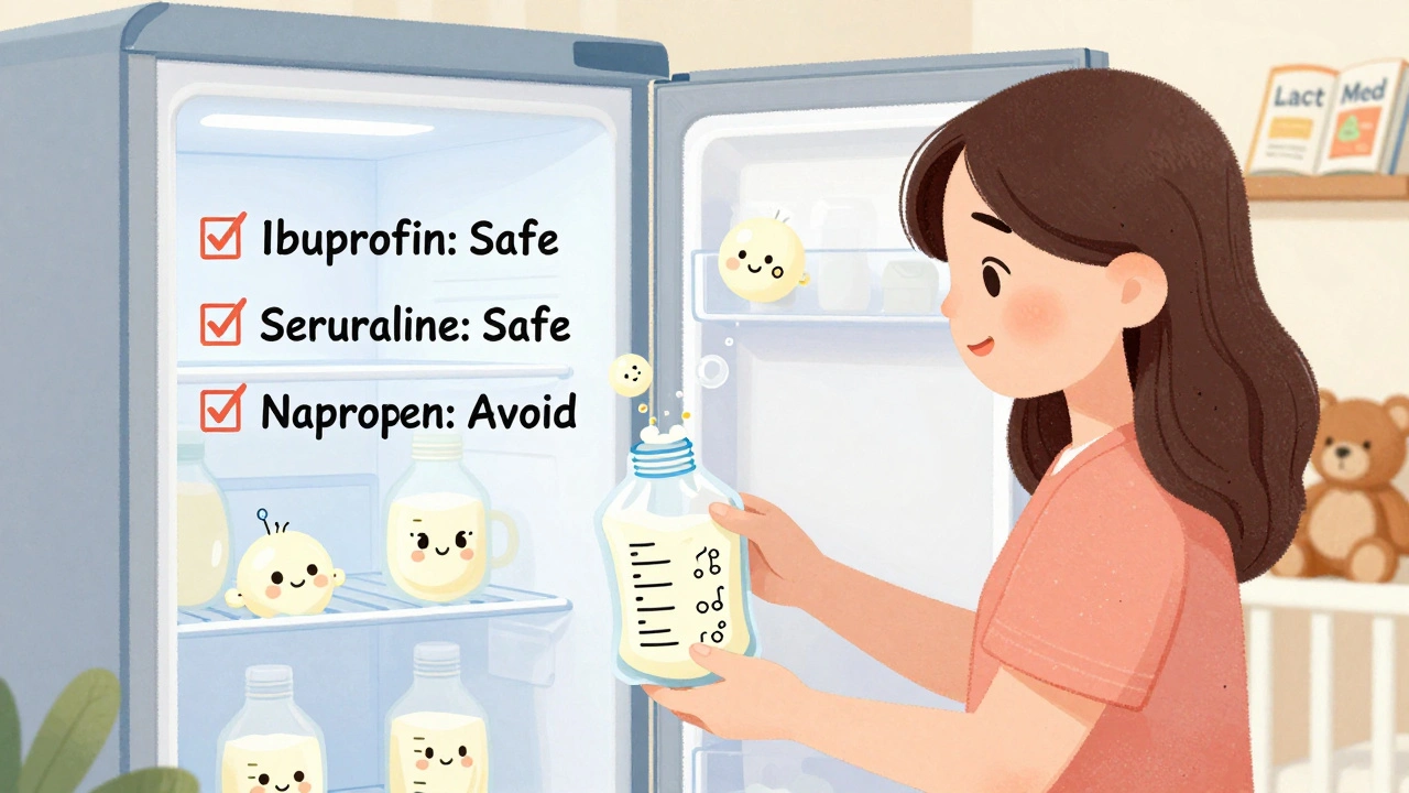 Mother storing breast milk in fridge with safe/unsafe medication checklist on door.