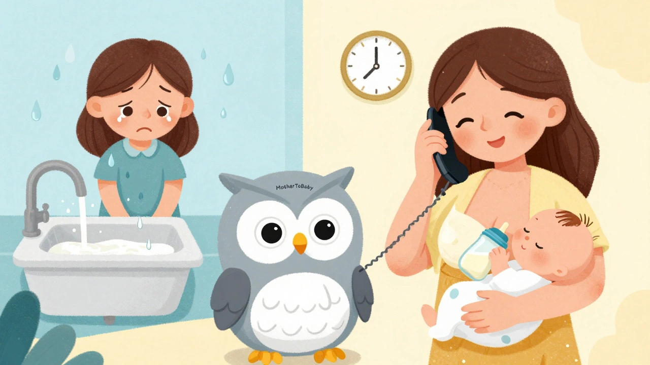 Mother talking to owl-shaped expert on phone, comparing safe vs. unsafe milk dumping.