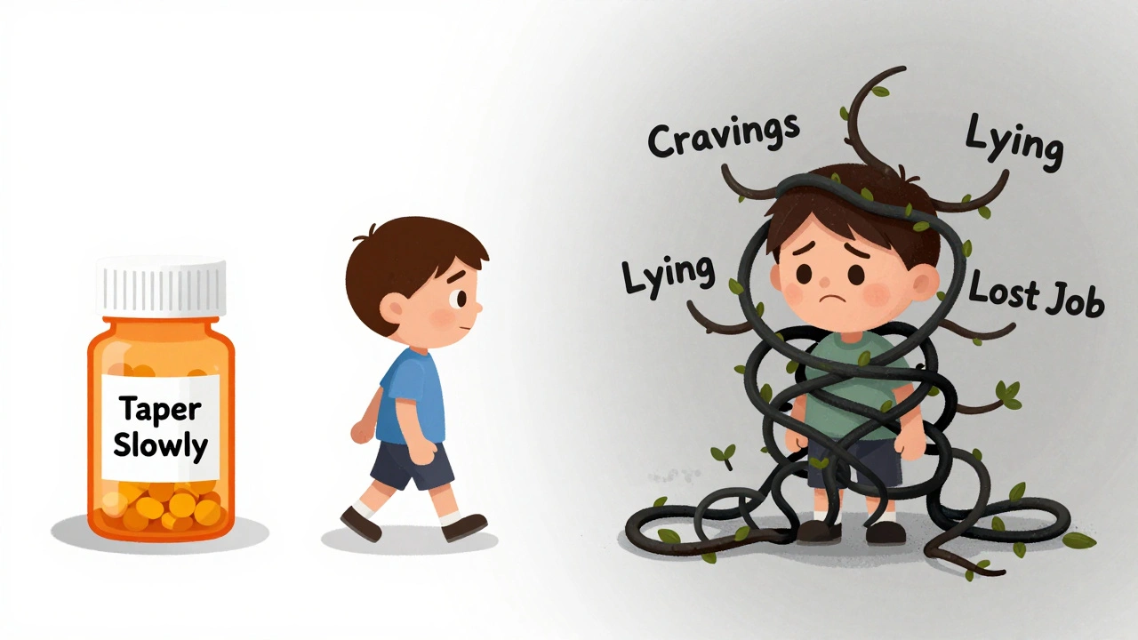 One person walking free from pills, another trapped by dark vines labeled with addiction symptoms.