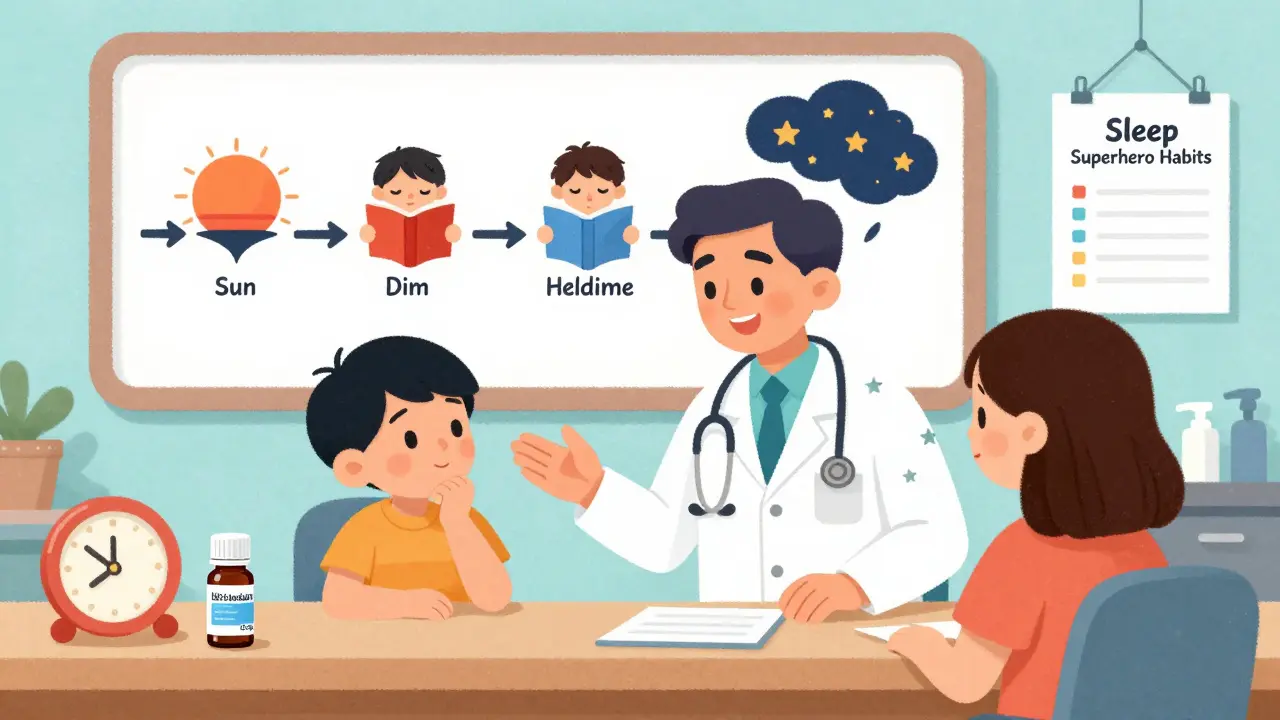 Pediatrician teaching child and parent about healthy sleep habits with illustrated chart.