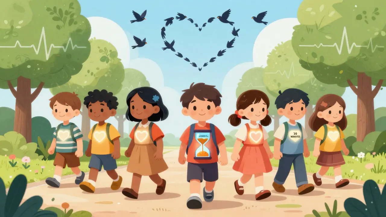 People walking in a park with glowing heart monitors, forming a heart shape in the sky with birds.