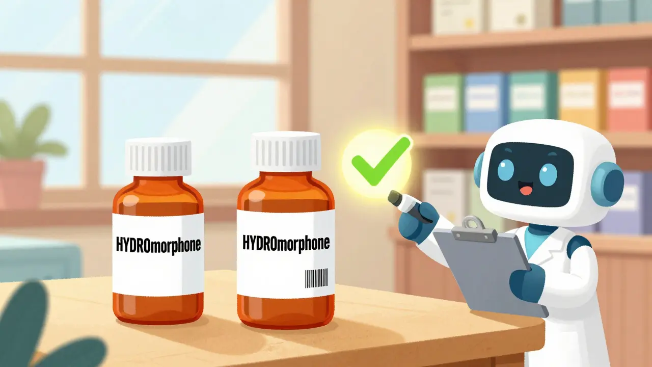 Pharmacist scans a barcode as a glowing checkmark appears, with clearly labeled drug names.