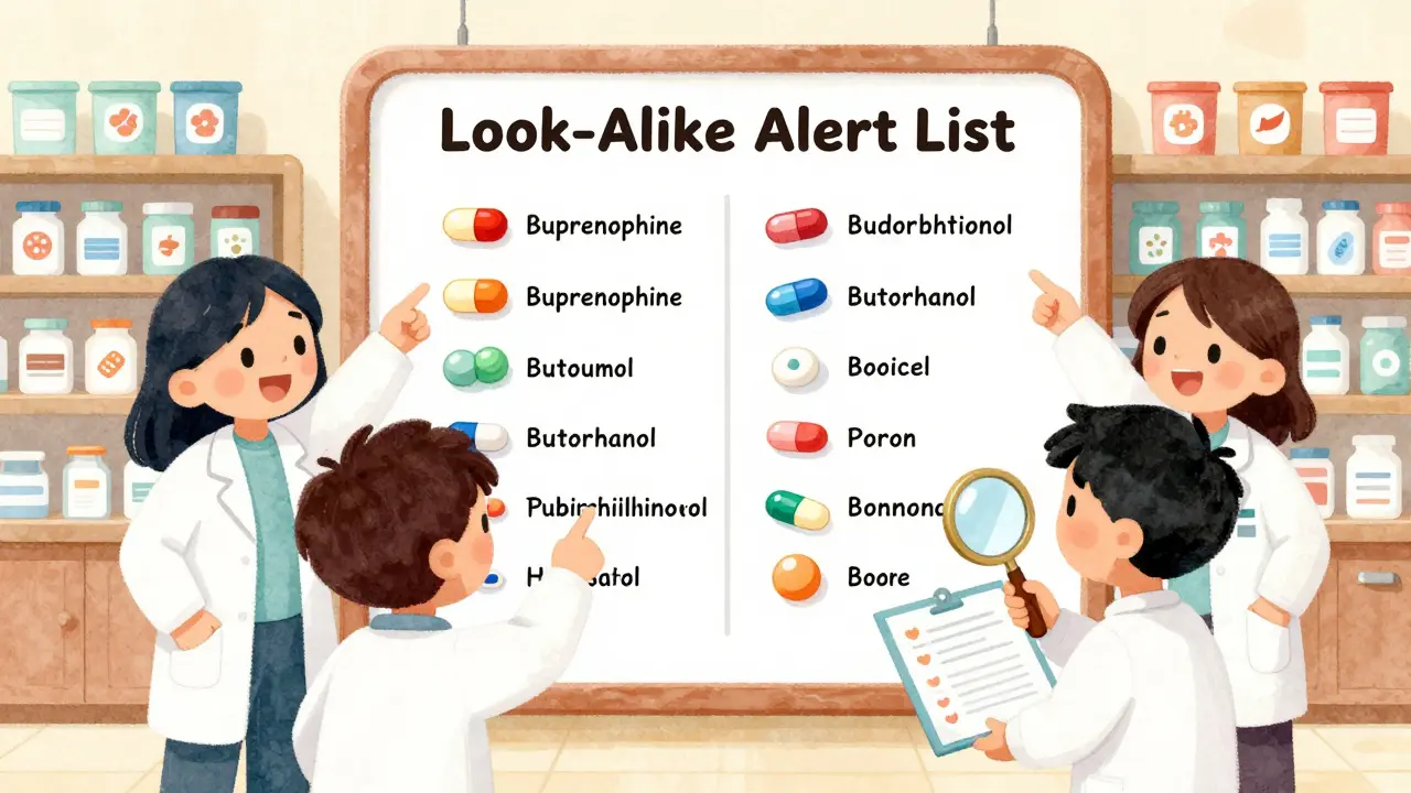 Pharmacy team reviews a chart of confusing drug pairs using magnifying glasses and checklists.