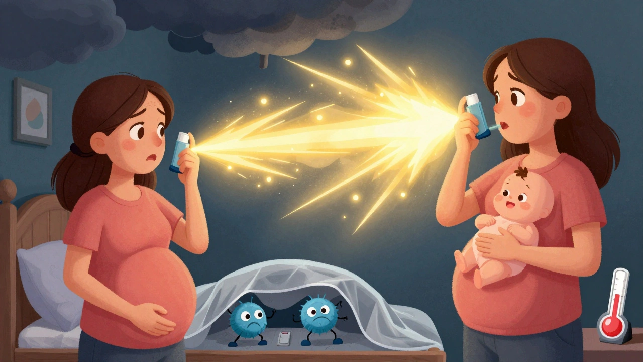 Split scene: hesitation vs. confidence in asthma management during pregnancy.