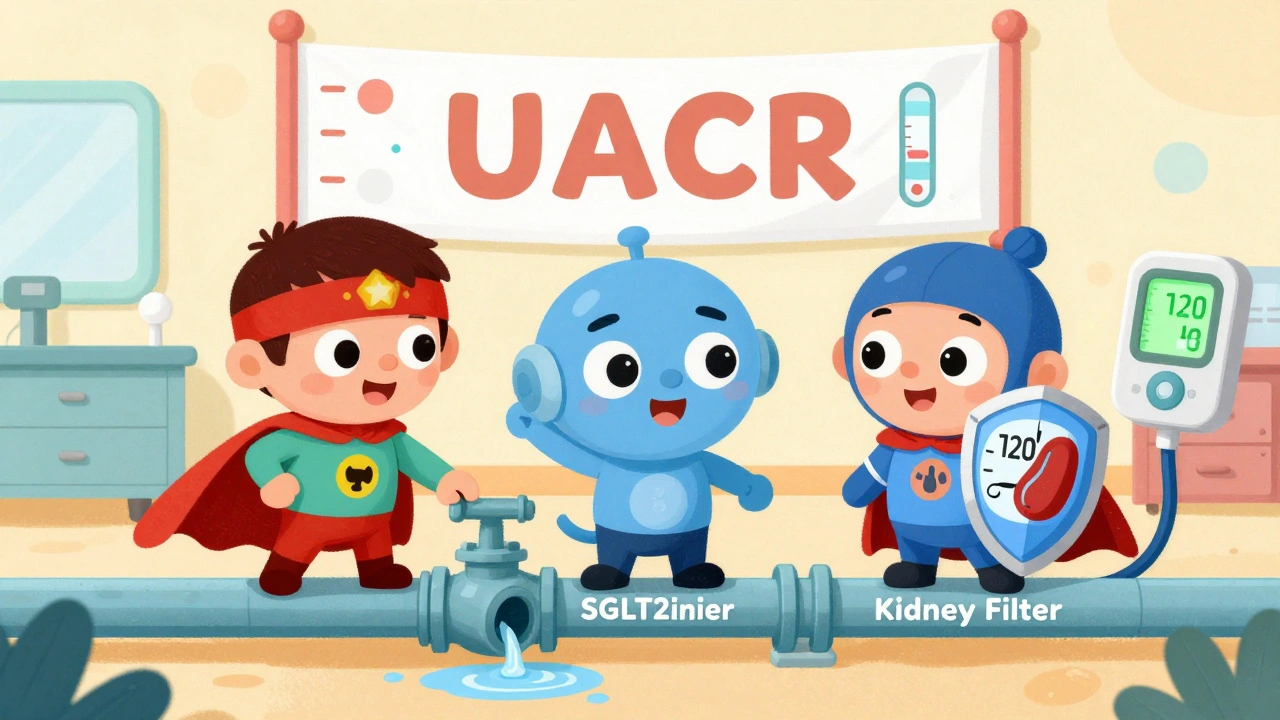 Superhero medications team up to stop a leaking kidney pipe under a healthy blood pressure gauge.