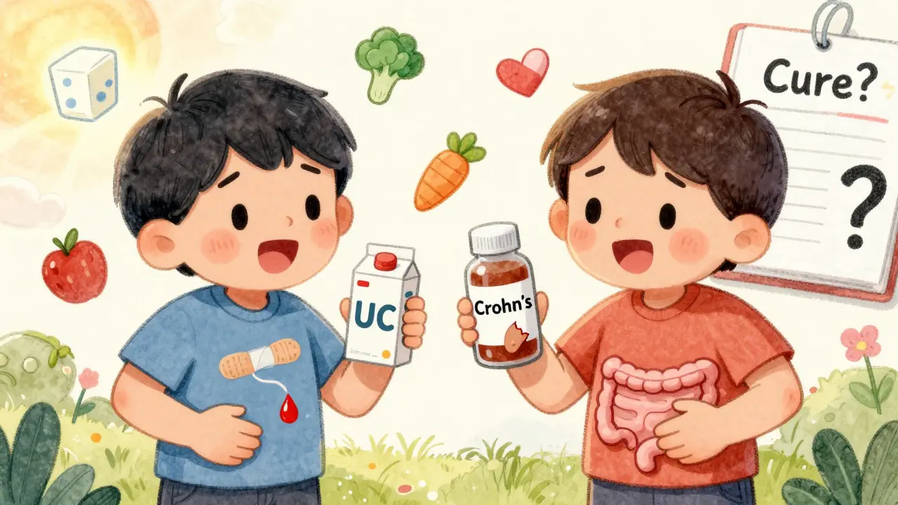 Two children with stomach aches, one with a colon bandage and juice box, the other with a vitamin bottle and fistula bridge, surrounded by food icons.