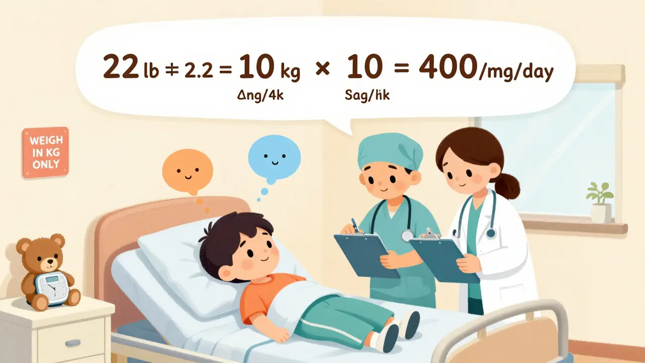 Two healthcare providers calculating pediatric dose with floating math equation and red 'KG ONLY' sticker.