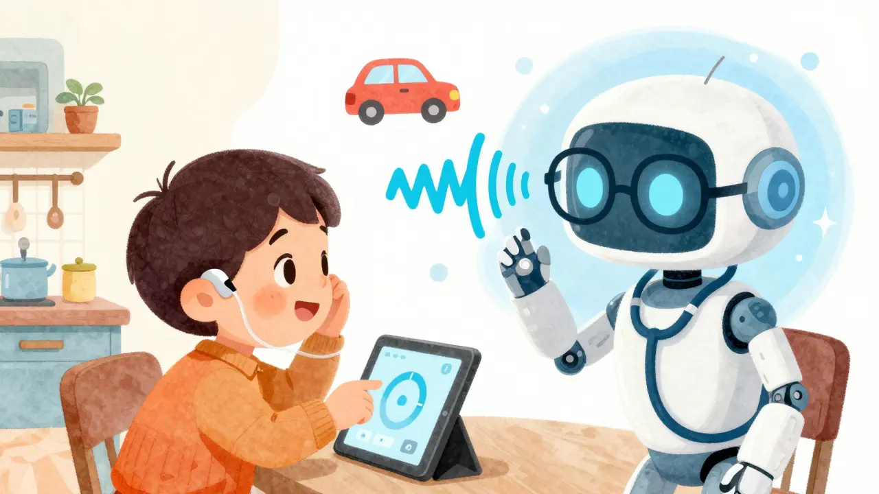 A child helps a grandparent use a hearing aid app, while an AI robot adjusts sound in a dreamy digital world.