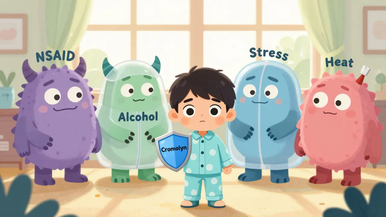 A child holding a shield labeled 'Cromolyn' standing safely against sneaky trigger monsters while mast cells are protected in suits.