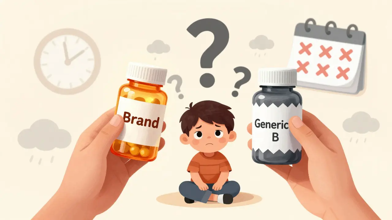 A child holds two pill bottles—one glowing, one dark—as question marks and storm clouds surround them.