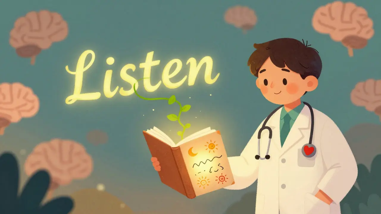 A child journals emotions as a heart-shaped stethoscope grows vines into the sky, symbolizing being heard.