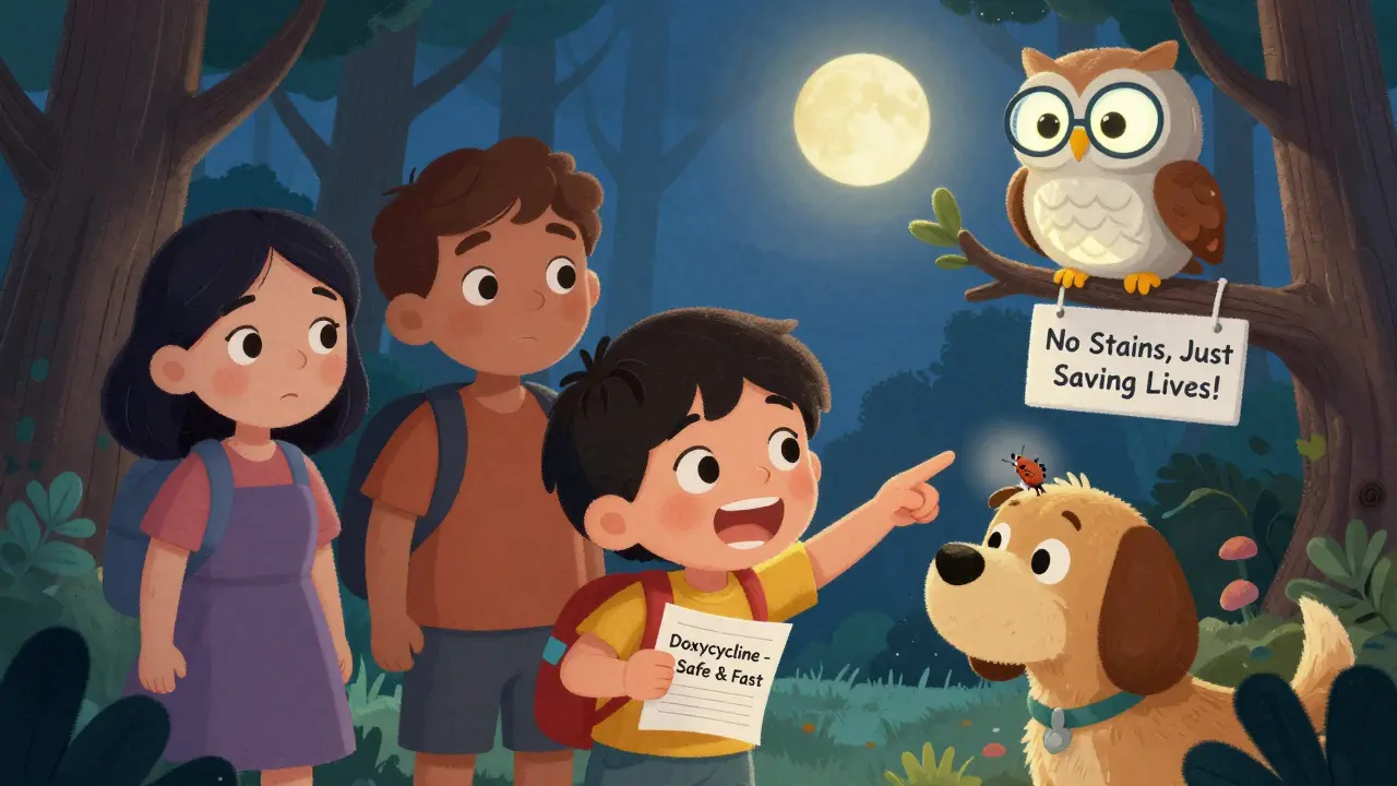 A child points at a tick on a dog while parents read a doctor’s note; a dentist owl watches proudly under moonlight.