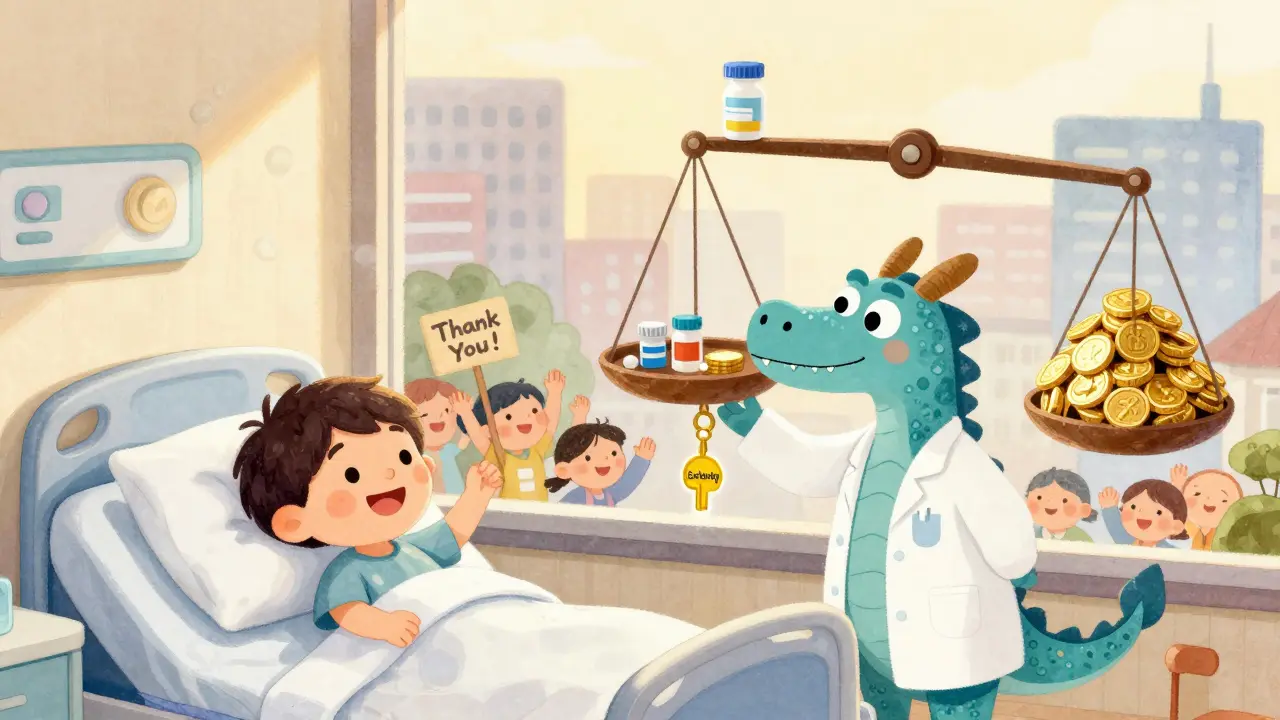 A child receives a magical key from a dragon doctor, symbolizing access to life-saving medicine, with grateful patients outside.