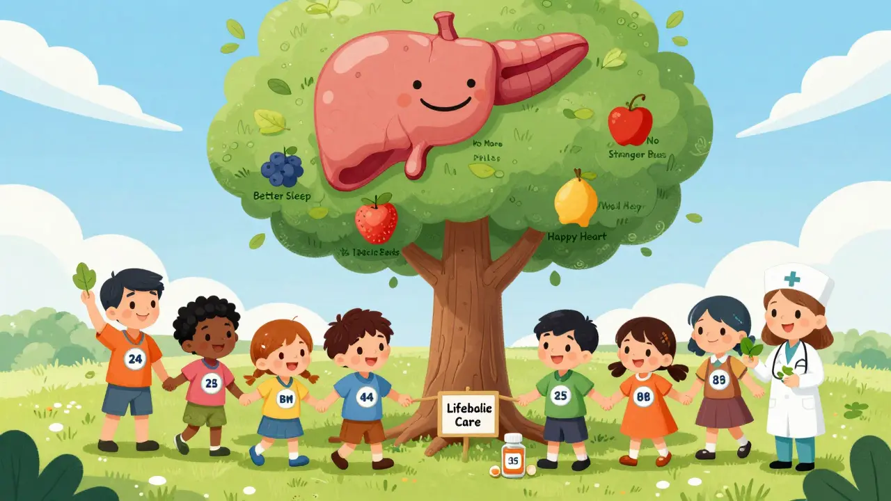 A circle of diverse people grow a health tree with fruits for better sleep, no pills, and stronger bones, with vitamins at the root.