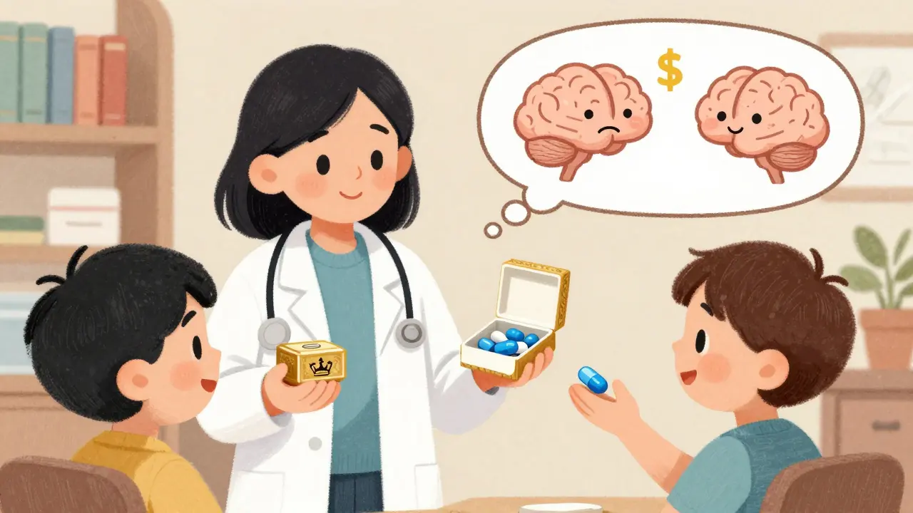 A doctor offers two pills in different packaging while a child's thoughts show calm vs. confusion.