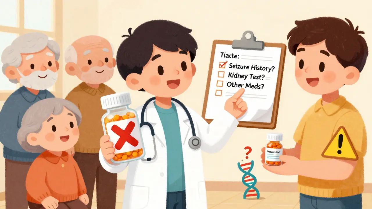 A doctor showing a safety checklist to seniors and young adults near a banned tramadol bottle.