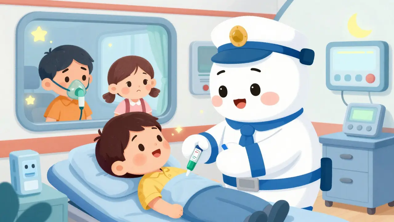 A friendly paramedic giving an EpiPen to a patient in a glowing ambulance with family watching.