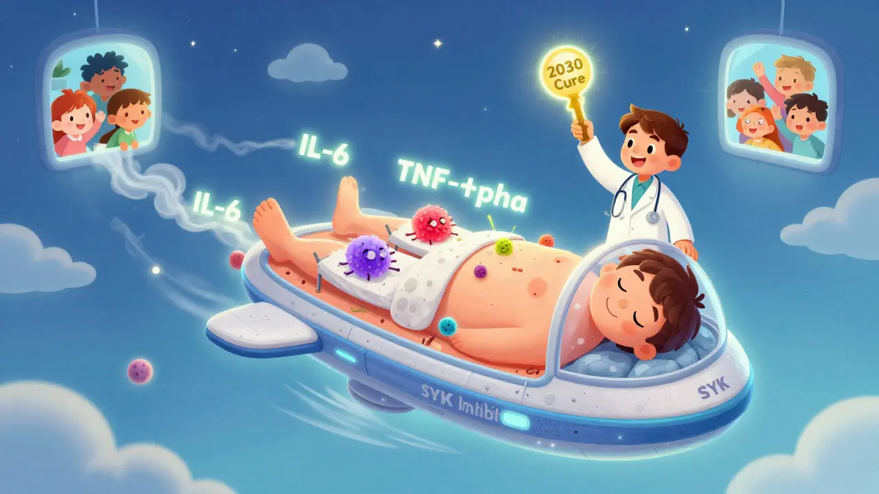 A futuristic spaceship calms sleeping mast cells as harmful smoke trails fade away, with a doctor holding a '2030 Cure' key above happy patients.