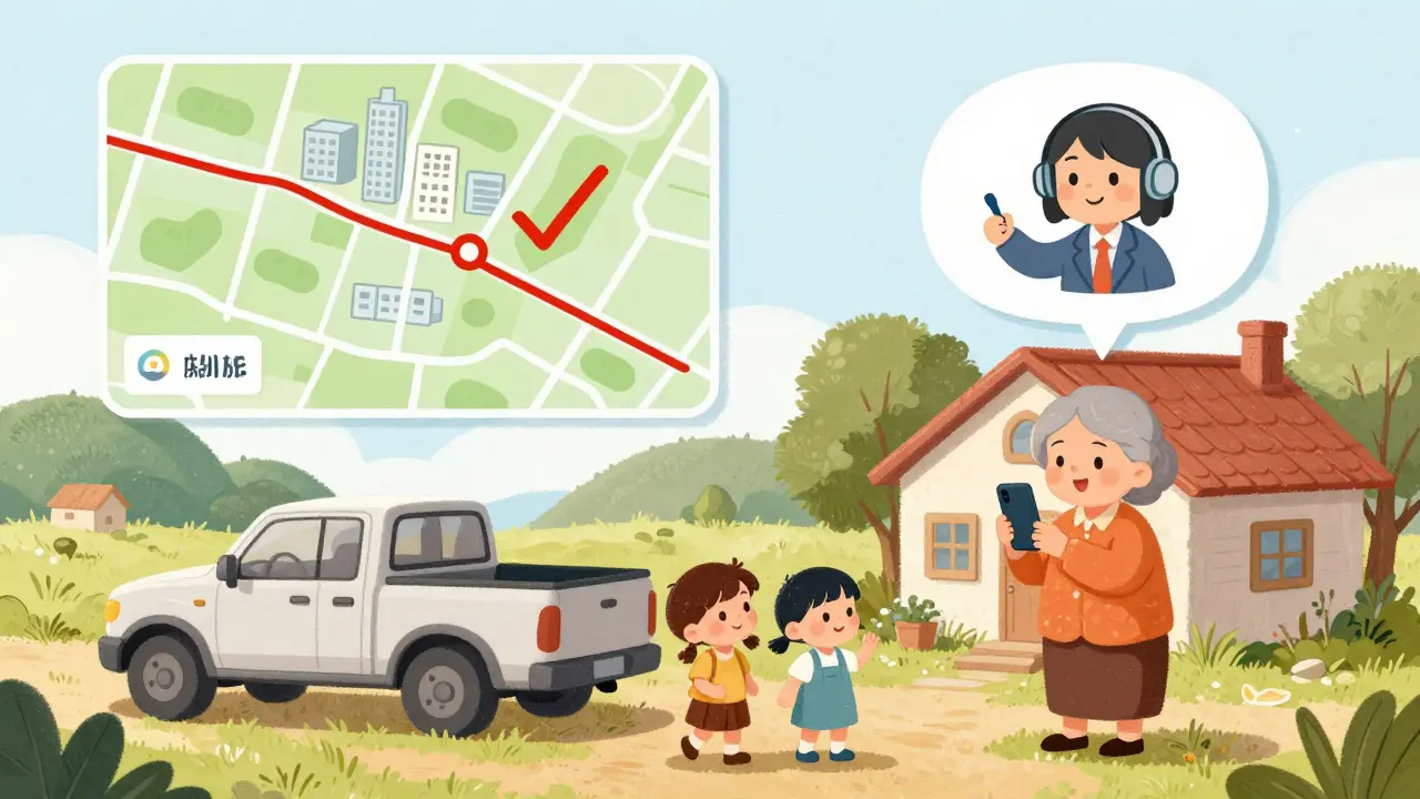 A grandmother in a rural home uses her phone for a remote hearing appointment, with a crossed-out long drive to a clinic.