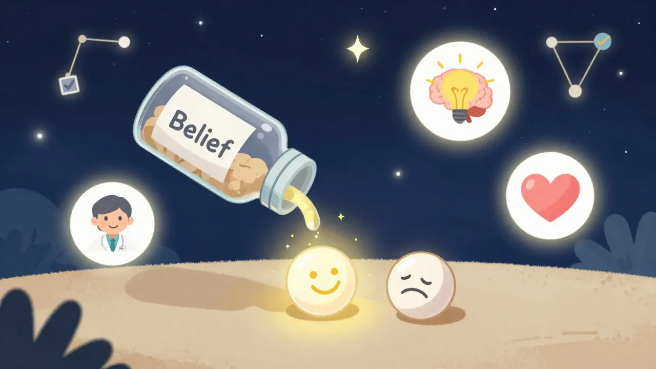 A magical bottle of belief pours light into two pills, surrounded by symbols of trust and mind.