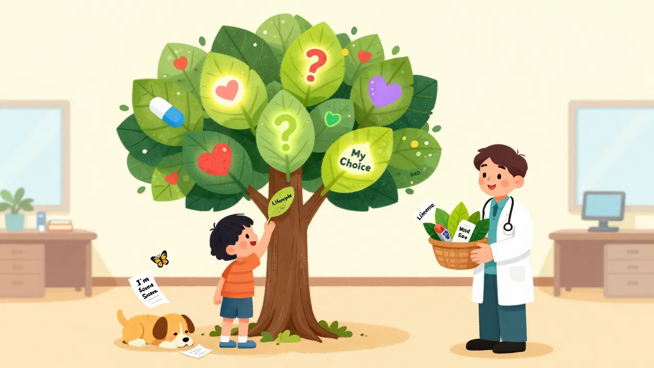 A magical tree in a clinic with pill-shaped leaves, and a patient choosing their personal health option.