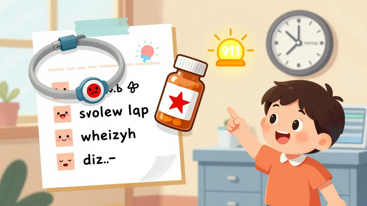 A medical alert bracelet and medicine bottle beside cartoon icons of allergy symptoms and a 911 siren.