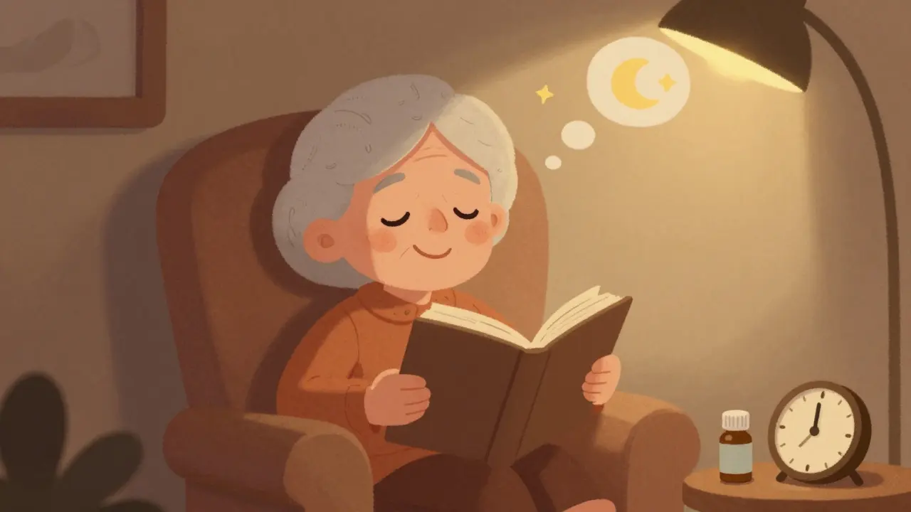 A senior woman reading peacefully in a cozy chair with melatonin and a clock nearby.