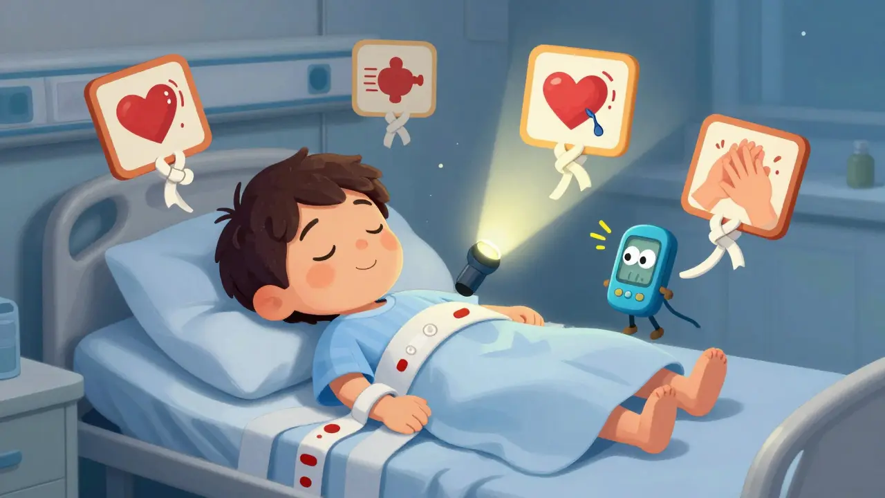 A sleeping patient is guarded by a beeping CGM device while warning signs are tied up.