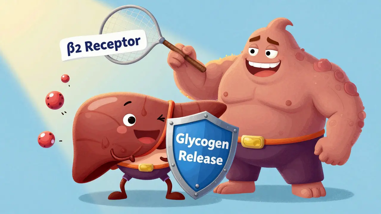 A superhero liver tries to release glucose but is blocked by a beta-blocker monster.