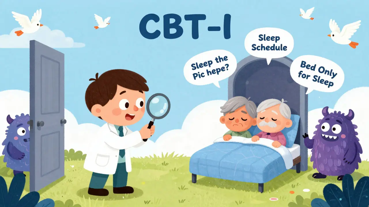 A therapist guiding seniors through a magical door to better sleep with friendly tools.