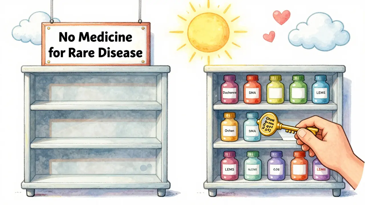 An empty pharmacy shelf transforms into one filled with rare disease drugs after a golden key unlocks hope and treatment.