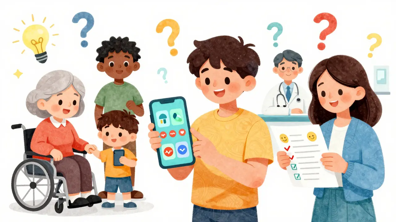 Diverse people using digital and paper decision aids in different settings with glowing icons and lightbulbs.