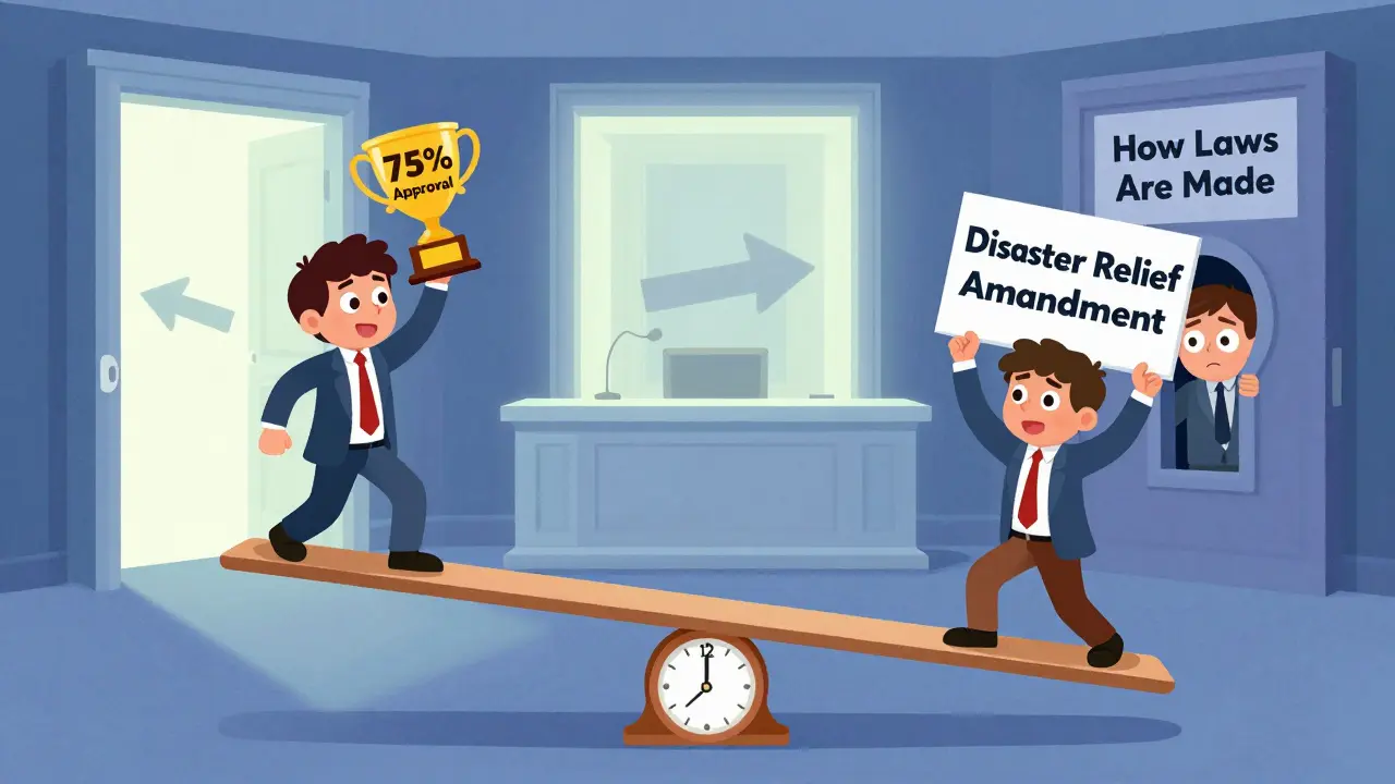 Seesaw balancing majority approval against disaster relief amendment, with Senate glowing in background.