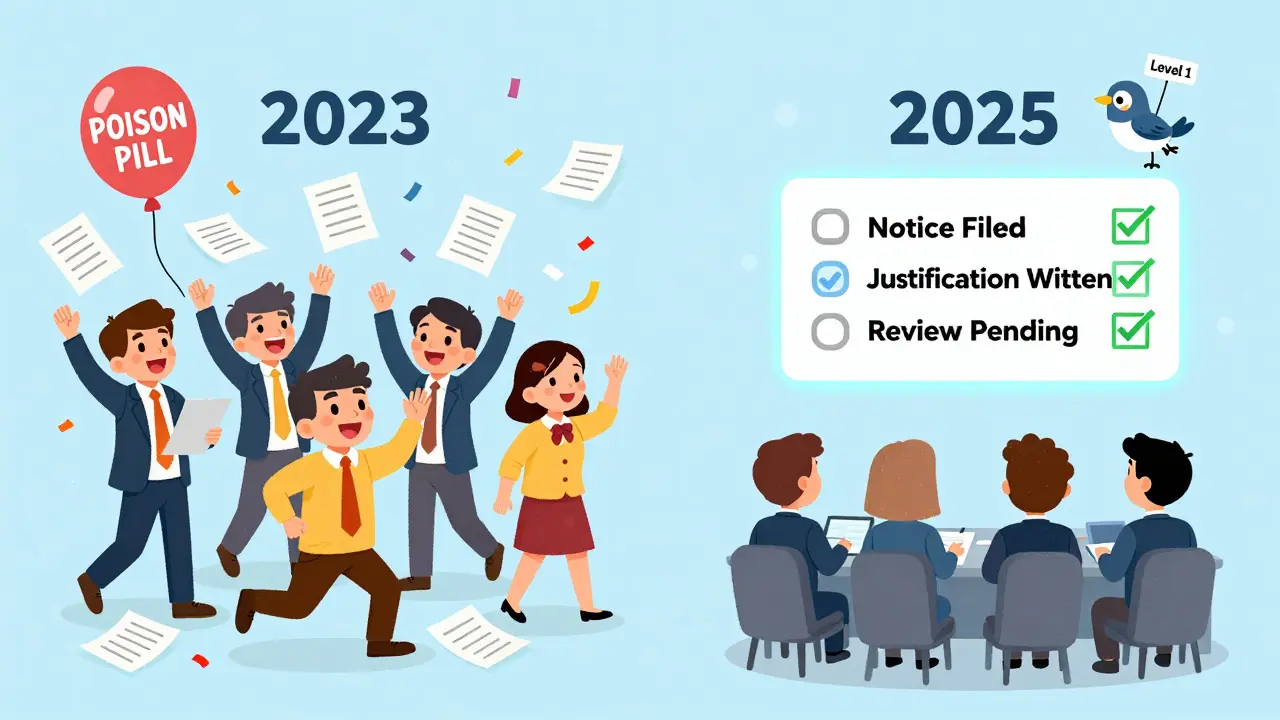 Split scene: chaotic old amendment system vs. orderly new digital process with glowing checklists.