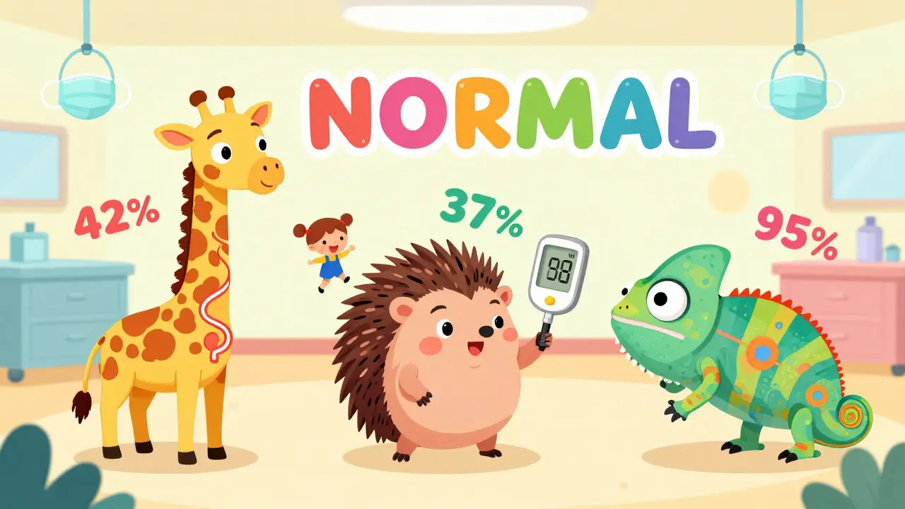 Three animal-shaped surgeries with glowing numbers show different diabetes remission rates in a colorful operating room.