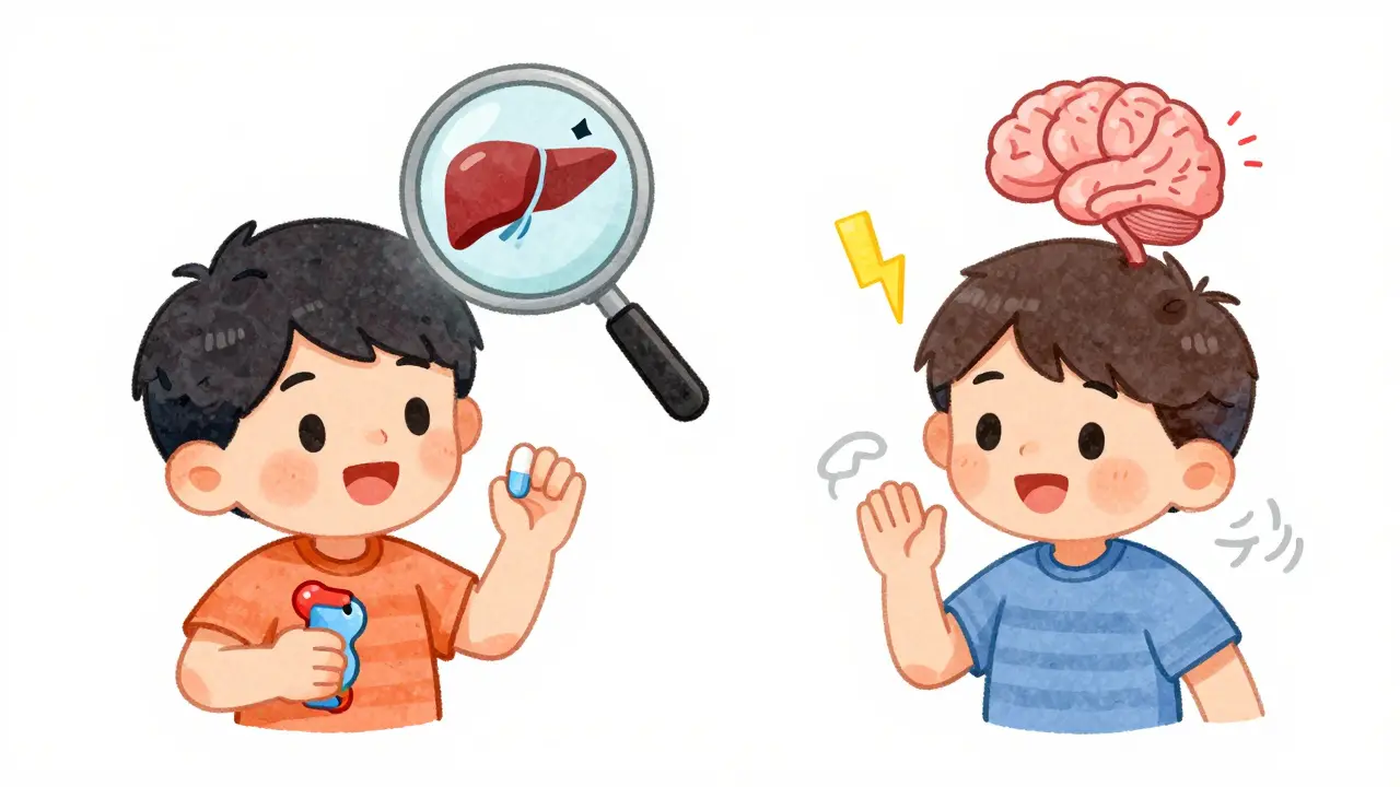 Two children taking tramadol—one fine, the other having a seizure with a lightning bolt.