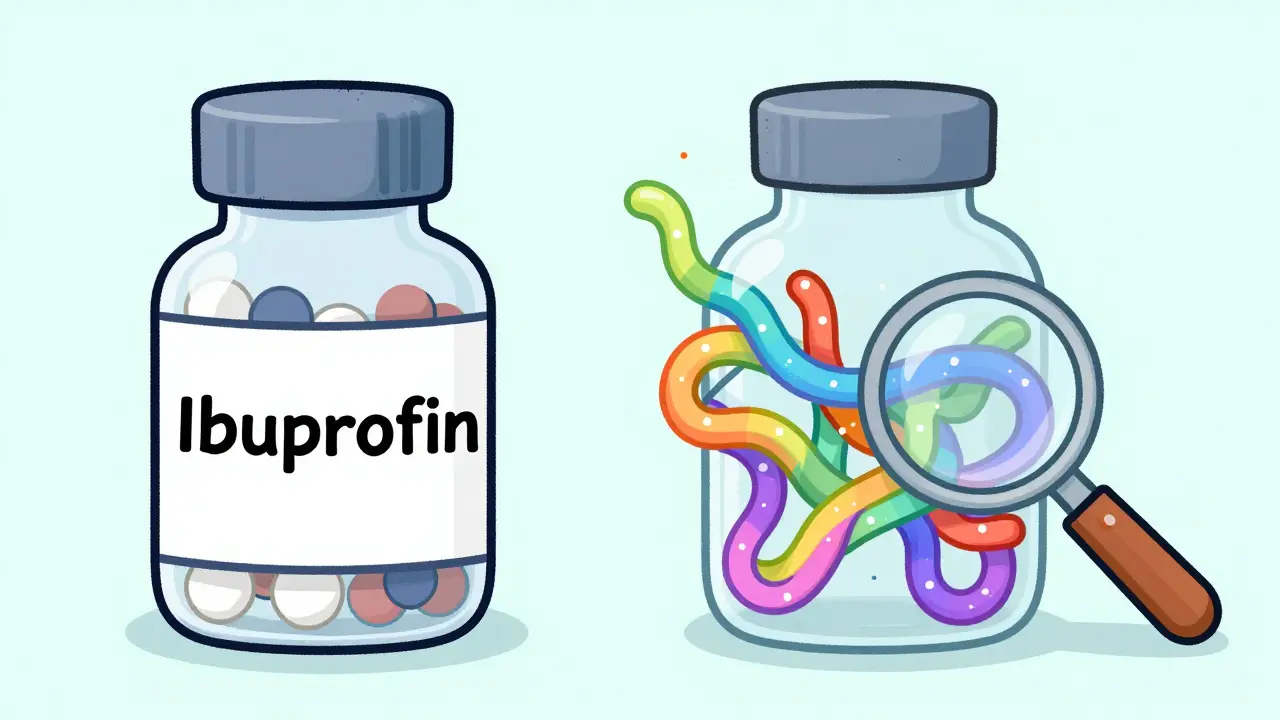 Two medicine bottles: one with simple pills, another with a wiggly rainbow protein chain showing variations.