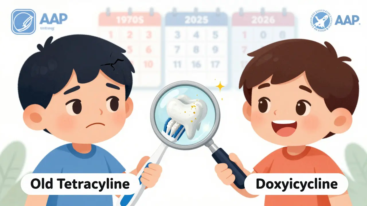 Two toothbrushes side by side: one with stained teeth and a sad child, the other with bright teeth and a happy child under a 2026 calendar.