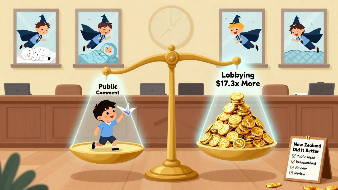 A child's paper crane balances against a mountain of lobbying money on a scale, with lobbyists flying in through windows.