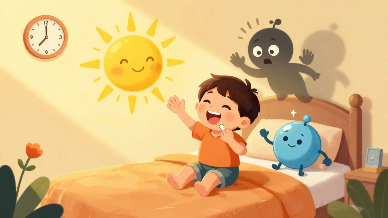 A child takes fluoxetine in the morning as a calm serotonin molecule waves goodbye to a fading nighttime one, with bright sunlight filling the room.