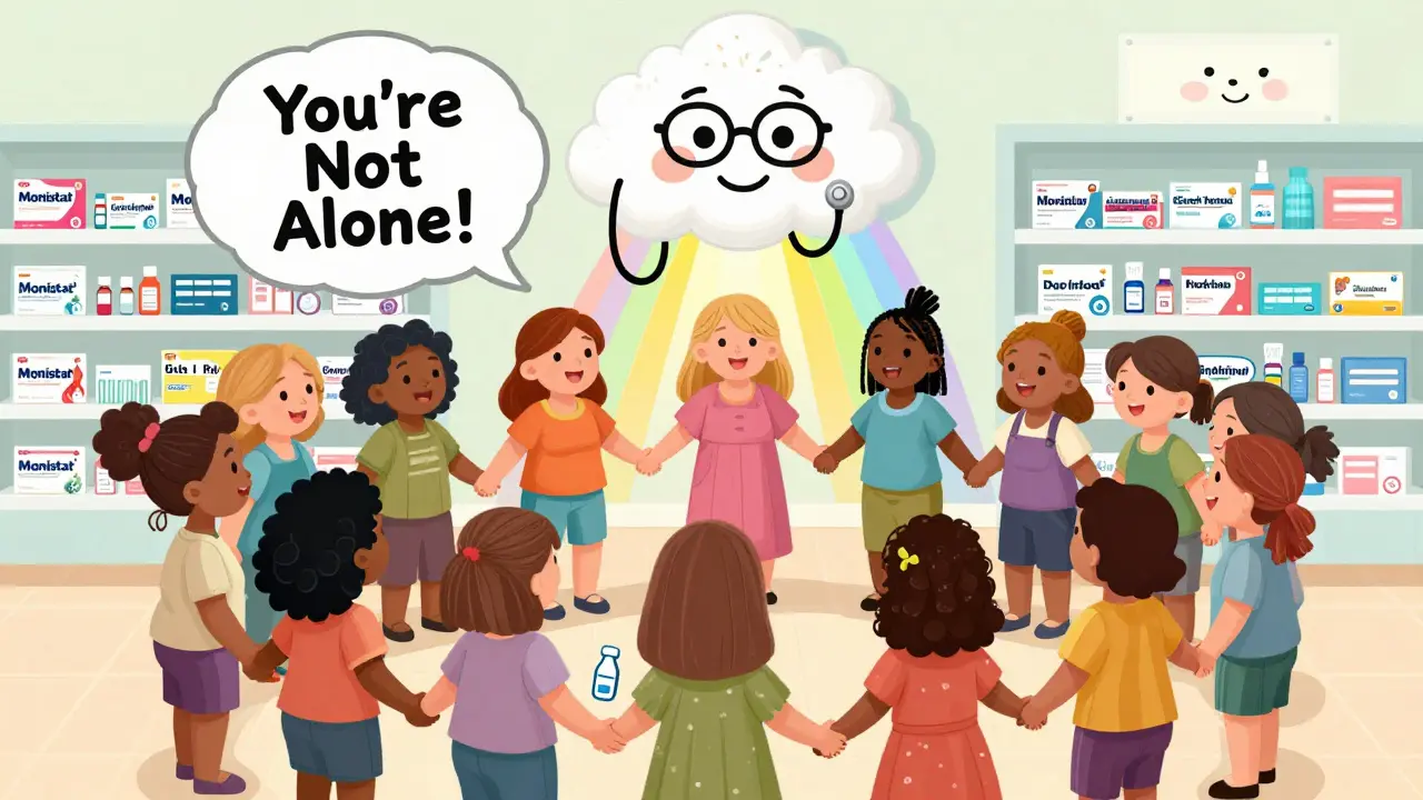 A circle of diverse women hold OTC yeast treatments as a friendly yeast cloud reassures them.