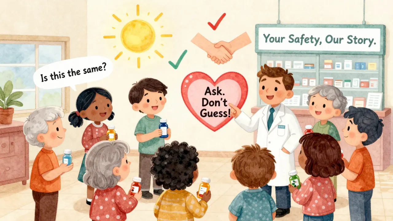 A group of patients ask questions about their pills as a pharmacist reassures them with a heart-shaped label.